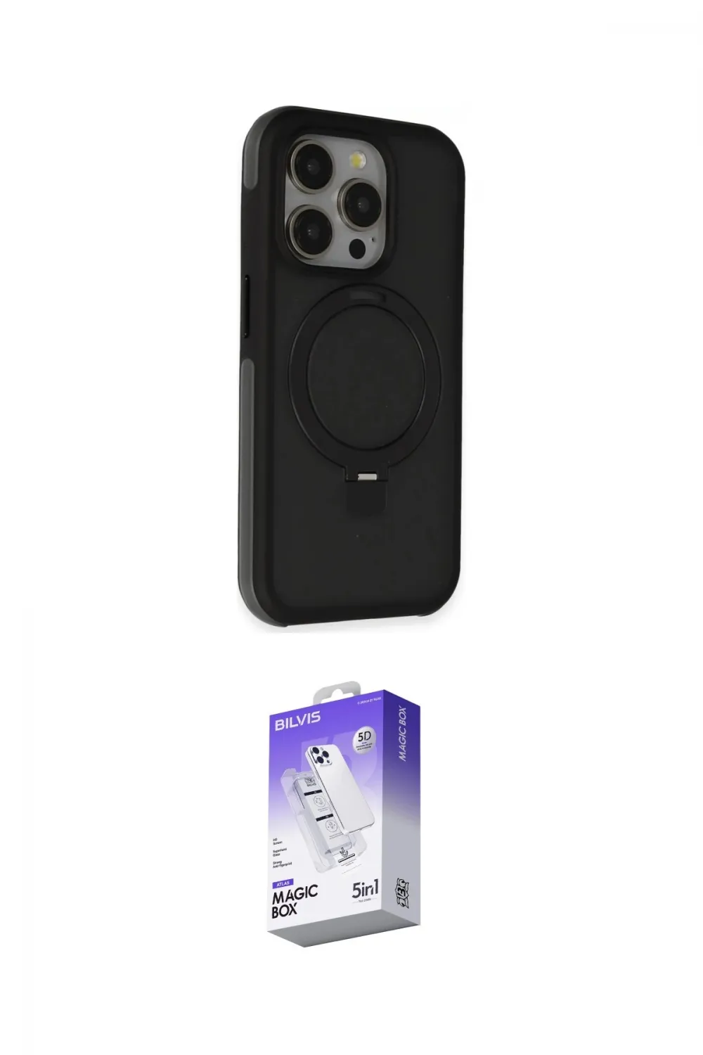 ieg™ iPhone 15 Pro Max Kılıf Ahenk Yansıma Özel Seri - Siyah Bilvis 5in1 3D Magic Cam Ekran Koruyucu