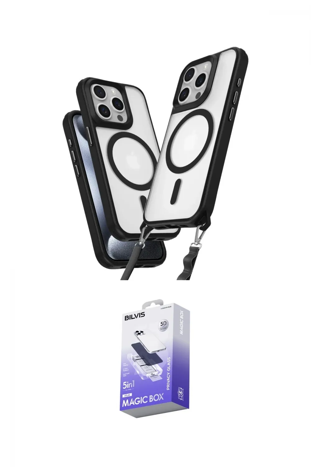 ieg™ iPhone 15 Pro Max Kılıf Atlas Doku Koleksiyonu - Siyah Bilvis 5in1 5D Magic Hayalet Cam Ekran Koruyucu