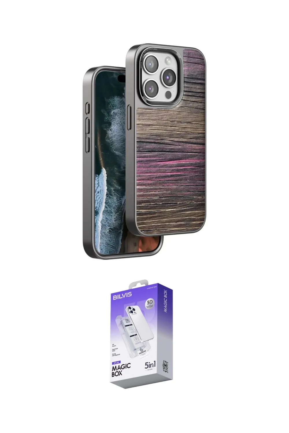 ieg™ iPhone 15 Pro Max Kılıf Atlas Minimal Özel Seri - Siyah Bilvis 5in1 3D Magic Cam Ekran Koruyucu