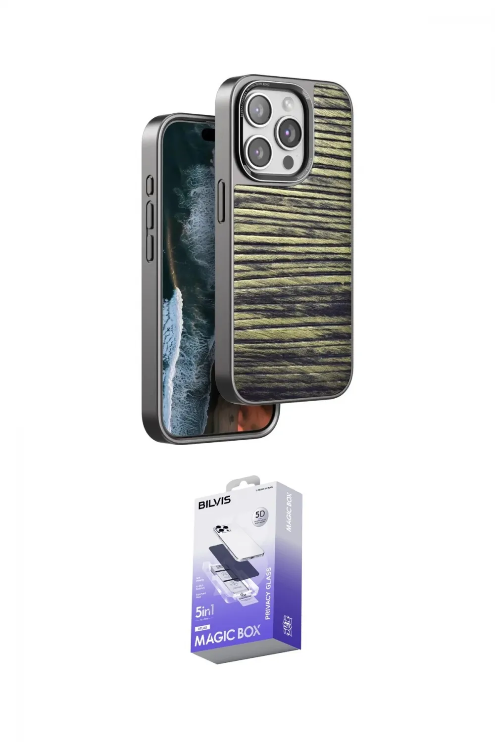 ieg™ iPhone 15 Pro Max Kılıf Atlas Minimal Özel Seri - Siyah Bilvis 5in1 5D Magic Hayalet Cam Ekran Koruyucu