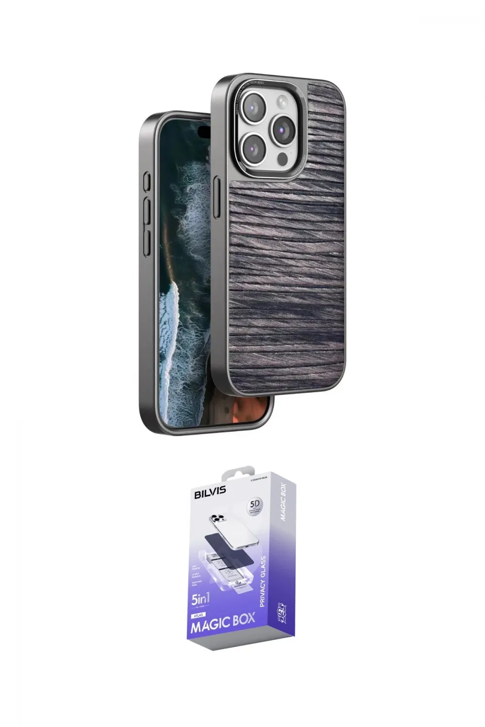 ieg™ iPhone 15 Pro Max Kılıf Atlas Minimal Özel Seri - Siyah Bilvis 5in1 5D Magic Hayalet Cam Ekran Koruyucu