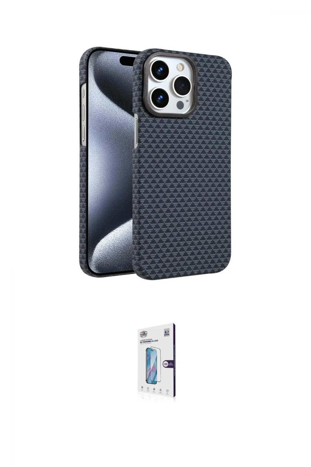 ieg™ iPhone 15 Pro Max Kılıf Doruk Serisi - Siyah Bilvis 0.18mm Plus Cam Ekran Koruyucu