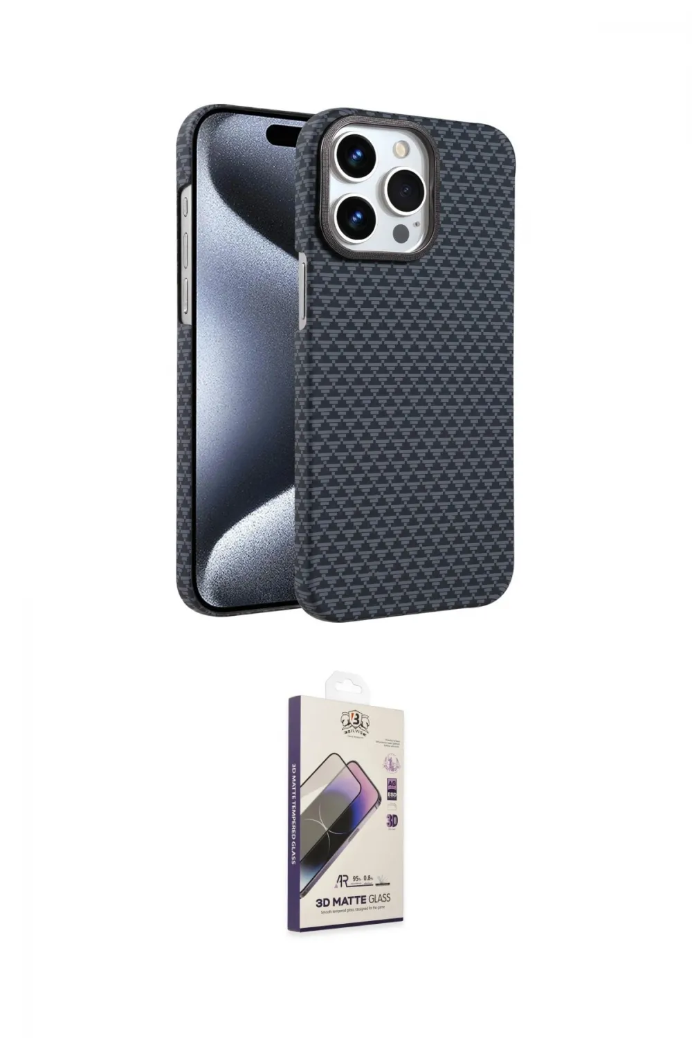 ieg™ iPhone 15 Pro Max Kılıf Doruk Serisi - Siyah Bilvis 3D Mat Cam Ekran Koruyucu