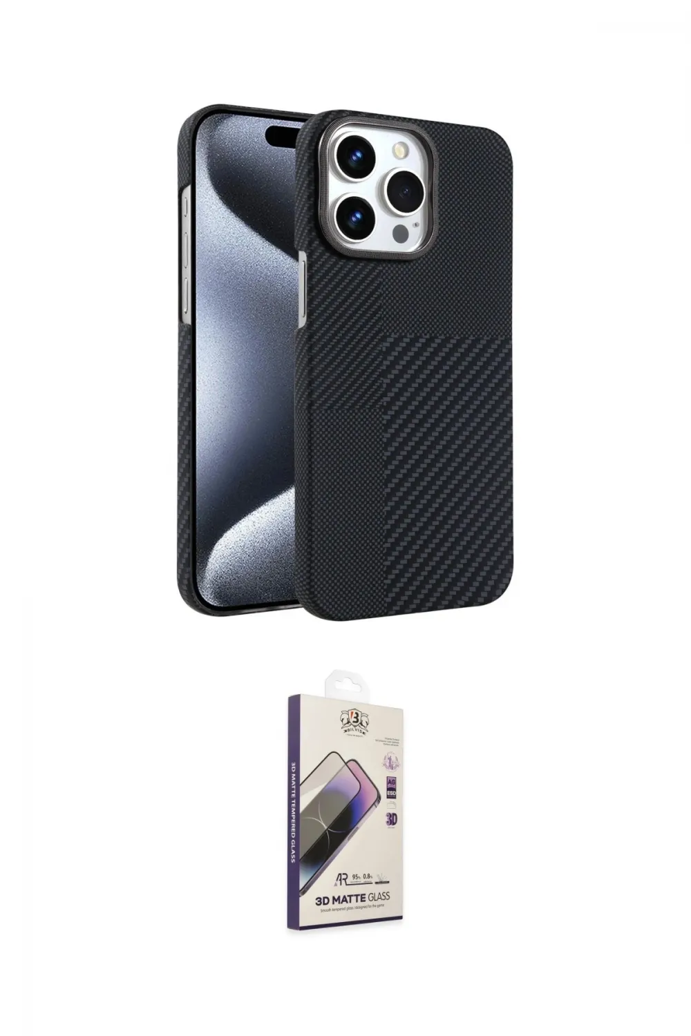 ieg™ iPhone 15 Pro Max Kılıf Doruk Serisi - Siyah Bilvis 3D Mat Cam Ekran Koruyucu