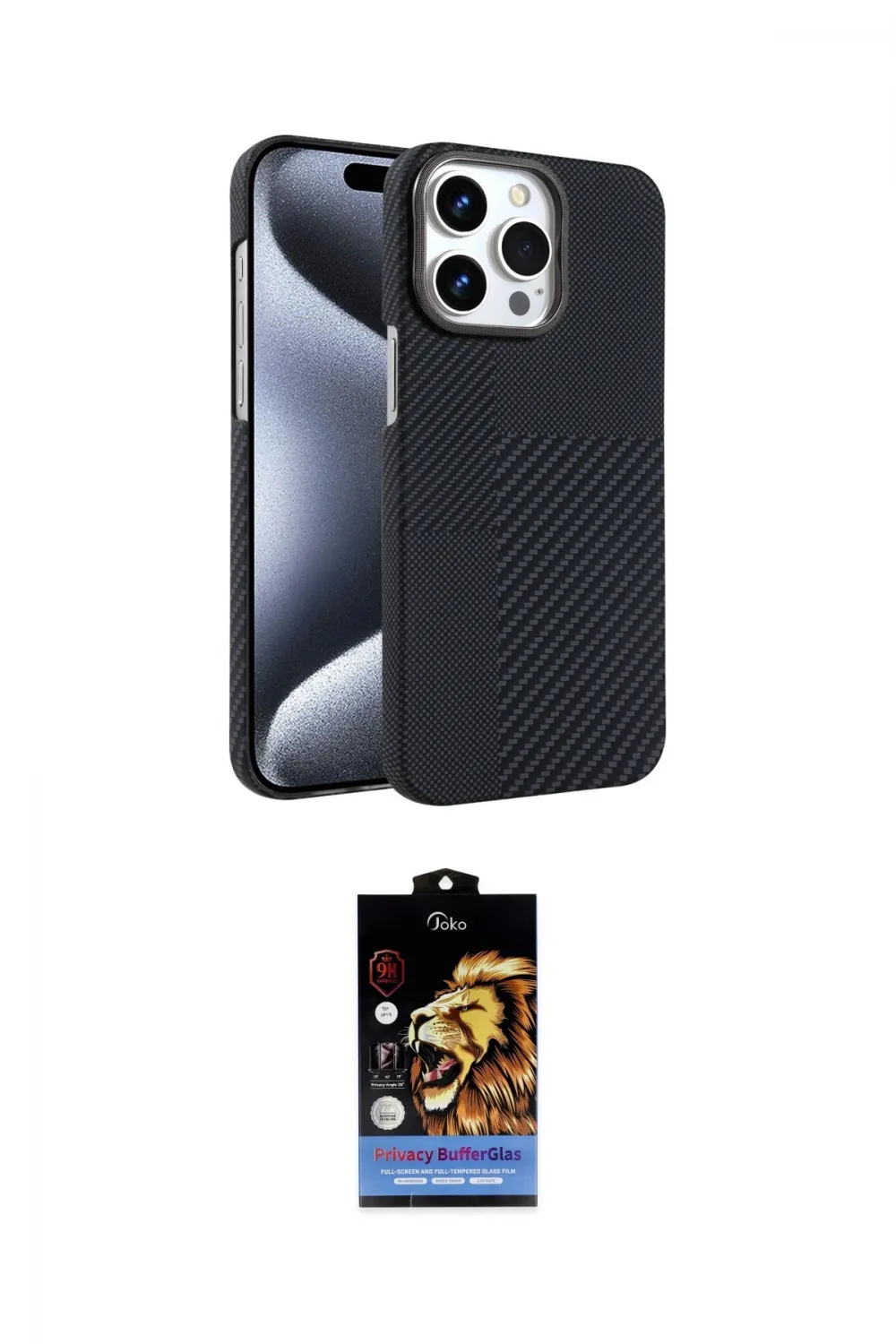 ieg™ iPhone 15 Pro Max Kılıf Doruk Serisi - Siyah Buffer Hayalet Cam Ekran Koruyucu