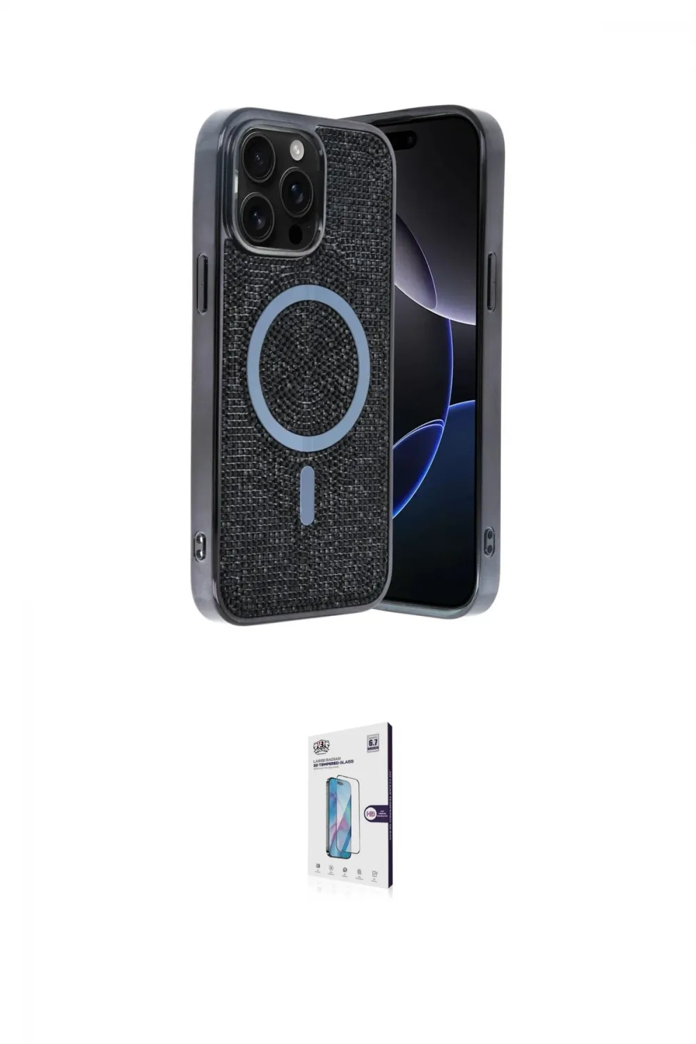 ieg™ iPhone 15 Pro Max Kılıf Eksen Çizgi - Siyah Bilvis 0.18mm Plus Cam Ekran Koruyucu