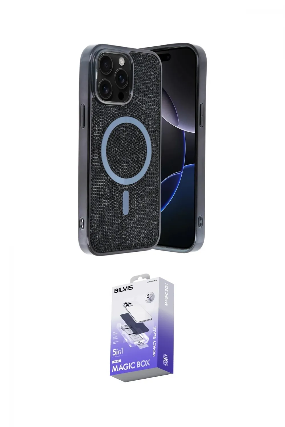 ieg™ iPhone 15 Pro Max Kılıf Eksen Çizgi - Siyah Bilvis 5in1 5D Magic Hayalet Cam Ekran Koruyucu
