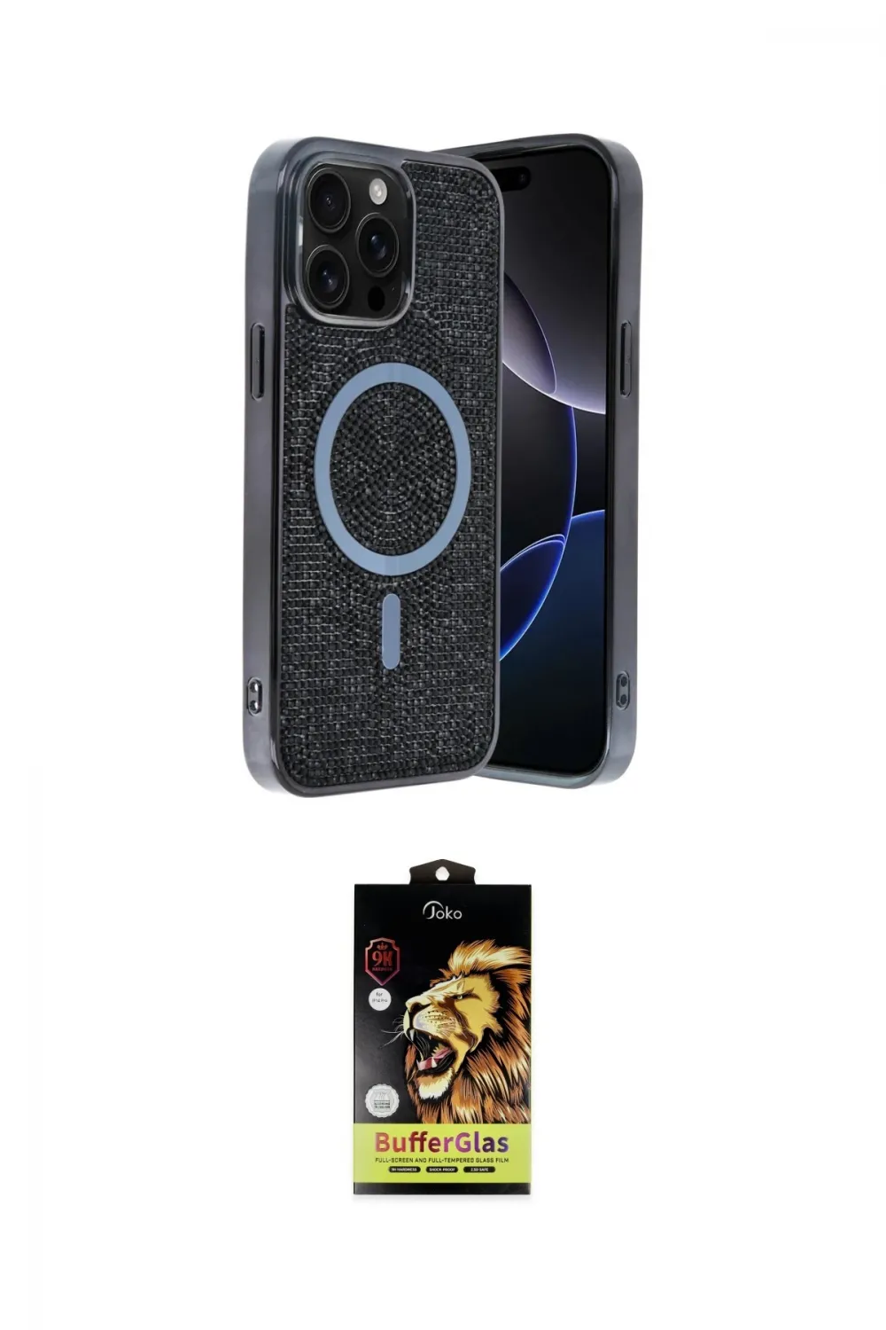 ieg™ iPhone 15 Pro Max Kılıf Eksen Çizgi - Siyah Buffer Cam Ekran Koruyucu