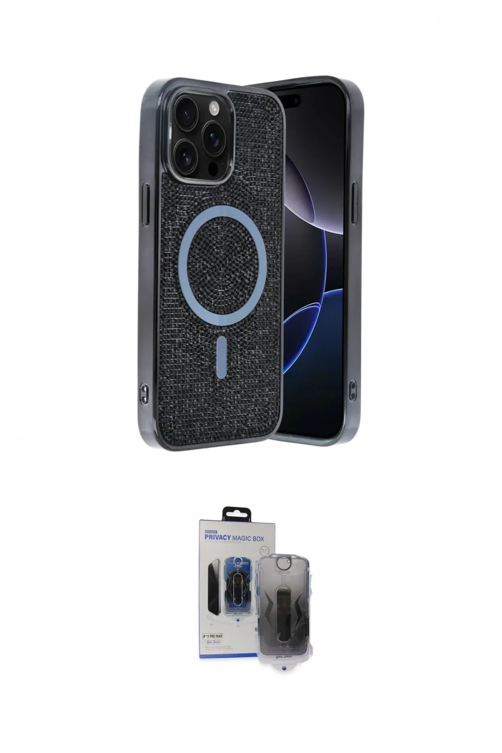 ieg™ iPhone 15 Pro Max Kılıf Eksen Çizgi - Siyah Vanessa Magic Hayalet Cam