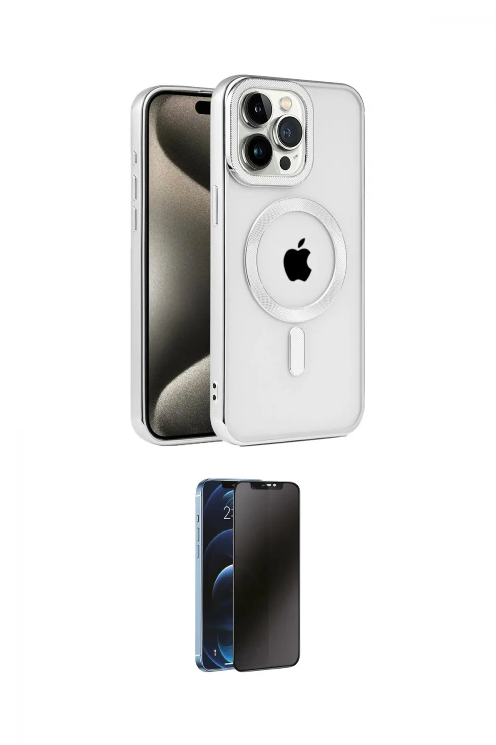 ieg™ iPhone 15 Pro Max Kılıf Eksen Form Koleksiyonu - Siyah 3D Antistatik Hayalet Cam Ekran Koruyucu
