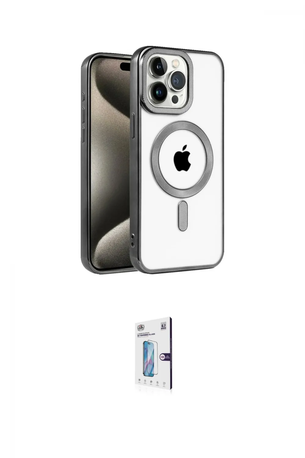 ieg™ iPhone 15 Pro Max Kılıf Eksen Form Koleksiyonu - Siyah Bilvis 0.18mm Plus Cam Ekran Koruyucu