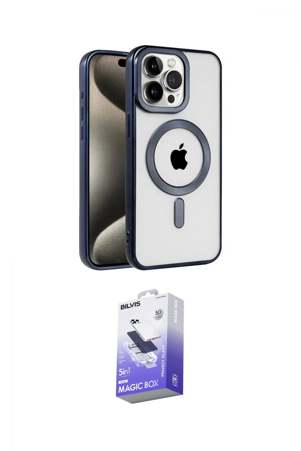 ieg™ iPhone 15 Pro Max Kılıf Eksen Form Koleksiyonu - Siyah Bilvis 5in1 5D Magic Hayalet Cam Ekran Koruyucu