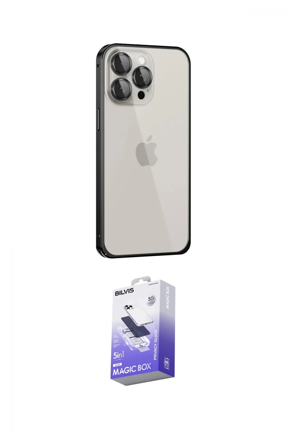ieg™ iPhone 15 Pro Max Kılıf Eksen Form Serisi - Siyah Bilvis 5in1 5D Magic Hayalet Cam Ekran Koruyucu