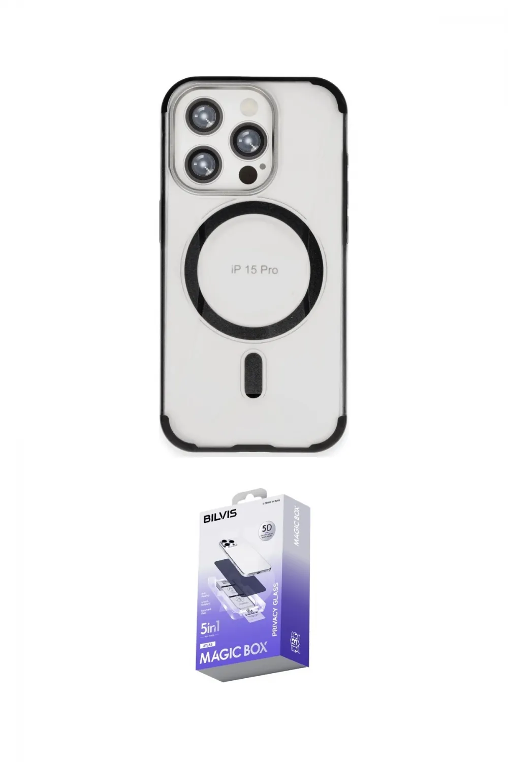 ieg™ iPhone 15 Pro Max Kılıf Eksen Klasik Koleksiyonu - Siyah Bilvis 5in1 5D Magic Hayalet Cam Ekran Koruyucu
