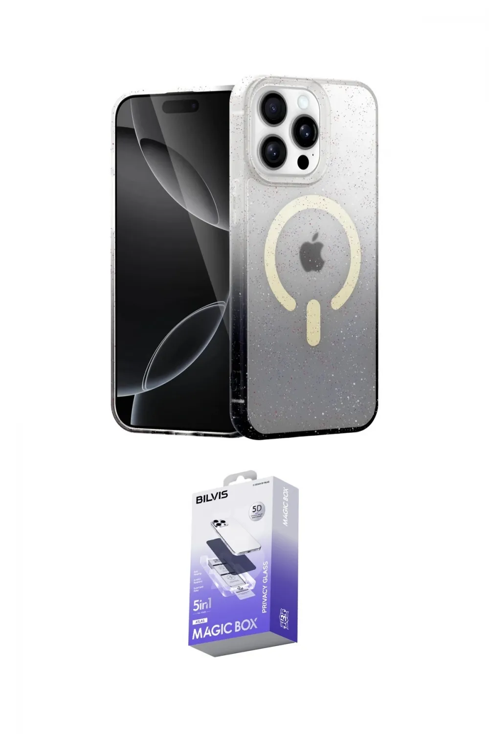 ieg™ iPhone 15 Pro Max Kılıf Eksen Minimal Özel Seri - Siyah Bilvis 5in1 5D Magic Hayalet Cam Ekran Koruyucu