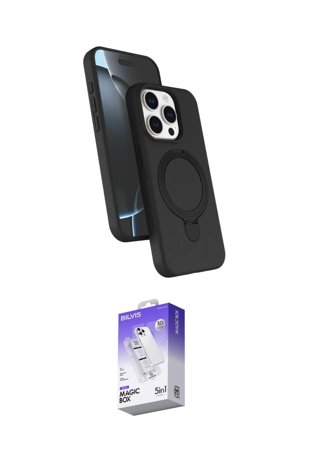 ieg™ iPhone 15 Pro Max Kılıf İz Işık Koleksiyonu - Siyah Bilvis 5in1 3D Magic Cam Ekran Koruyucu