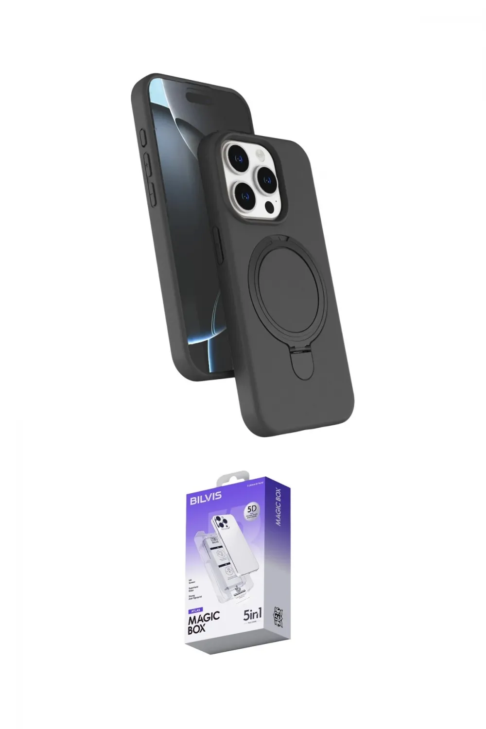 ieg™ iPhone 15 Pro Max Kılıf İz Işık Koleksiyonu - Siyah Bilvis 5in1 3D Magic Cam Ekran Koruyucu