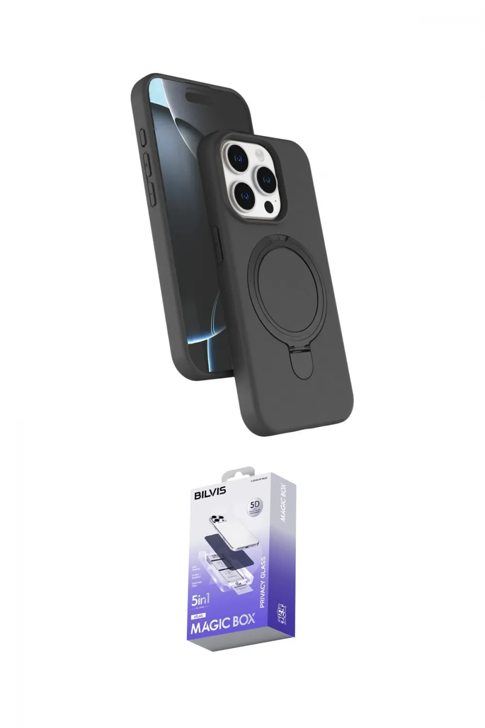 ieg™ iPhone 15 Pro Max Kılıf İz Işık Koleksiyonu - Siyah Bilvis 5in1 5D Magic Hayalet Cam Ekran Koruyucu