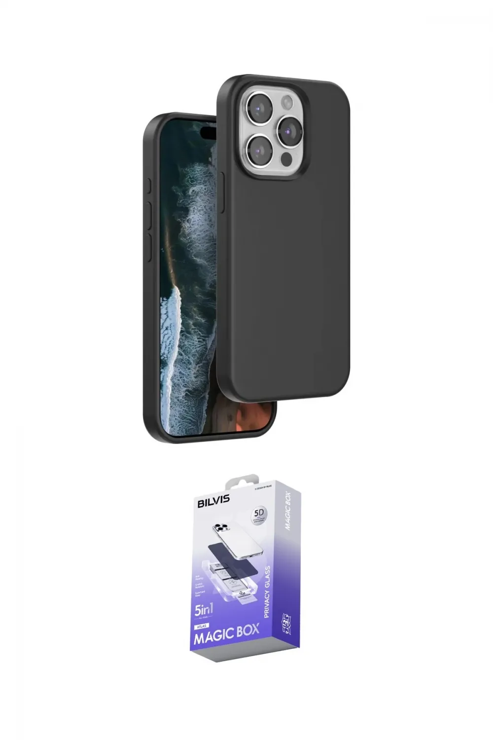 ieg™ iPhone 15 Pro Max Kılıf Kıvılcım Çizgi Serisi - Siyah Bilvis 5in1 5D Magic Hayalet Cam Ekran Koruyucu