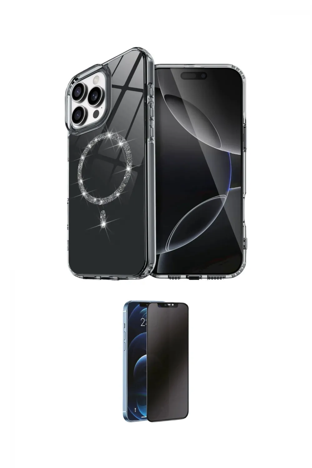 ieg™ iPhone 15 Pro Max Kılıf Kıvılcım Form Prime - Siyah 3D Antistatik Hayalet Cam Ekran Koruyucu