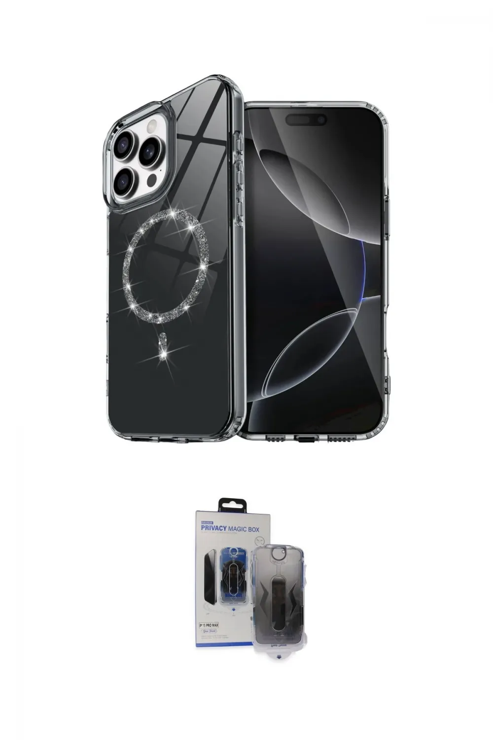 ieg™ iPhone 15 Pro Max Kılıf Kıvılcım Form Prime - Siyah Vanessa Magic Hayalet Cam
