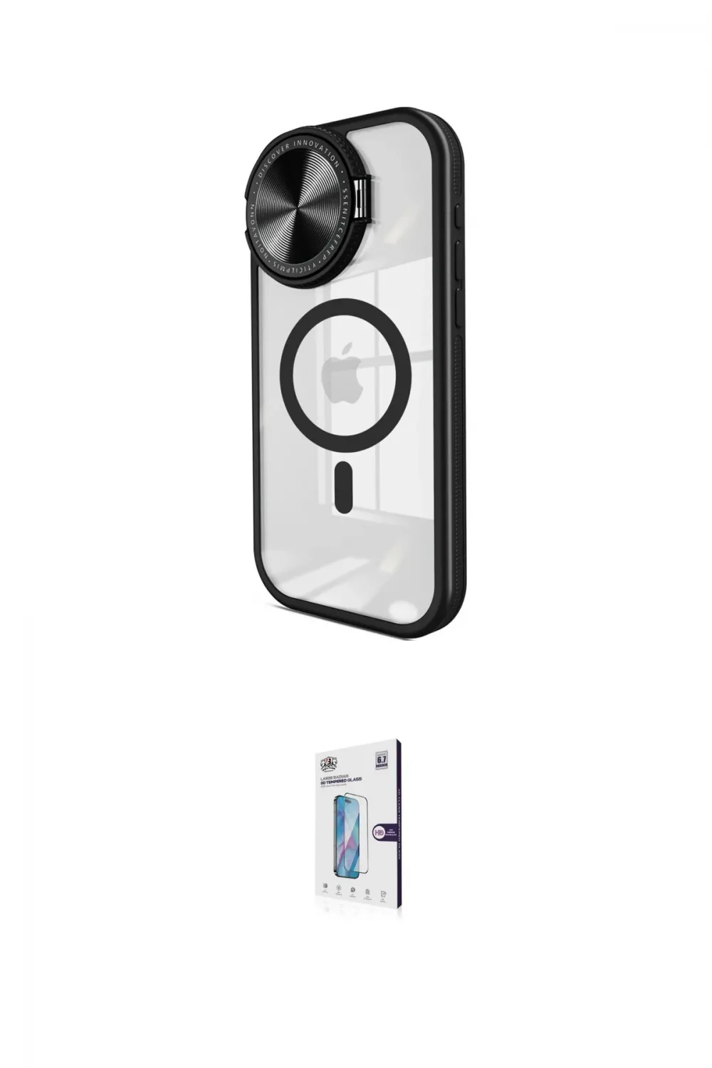 ieg™ iPhone 15 Pro Max Kılıf Kıvılcım Modern Koleksiyonu - Siyah Bilvis 0.18mm Plus Cam Ekran Koruyucu