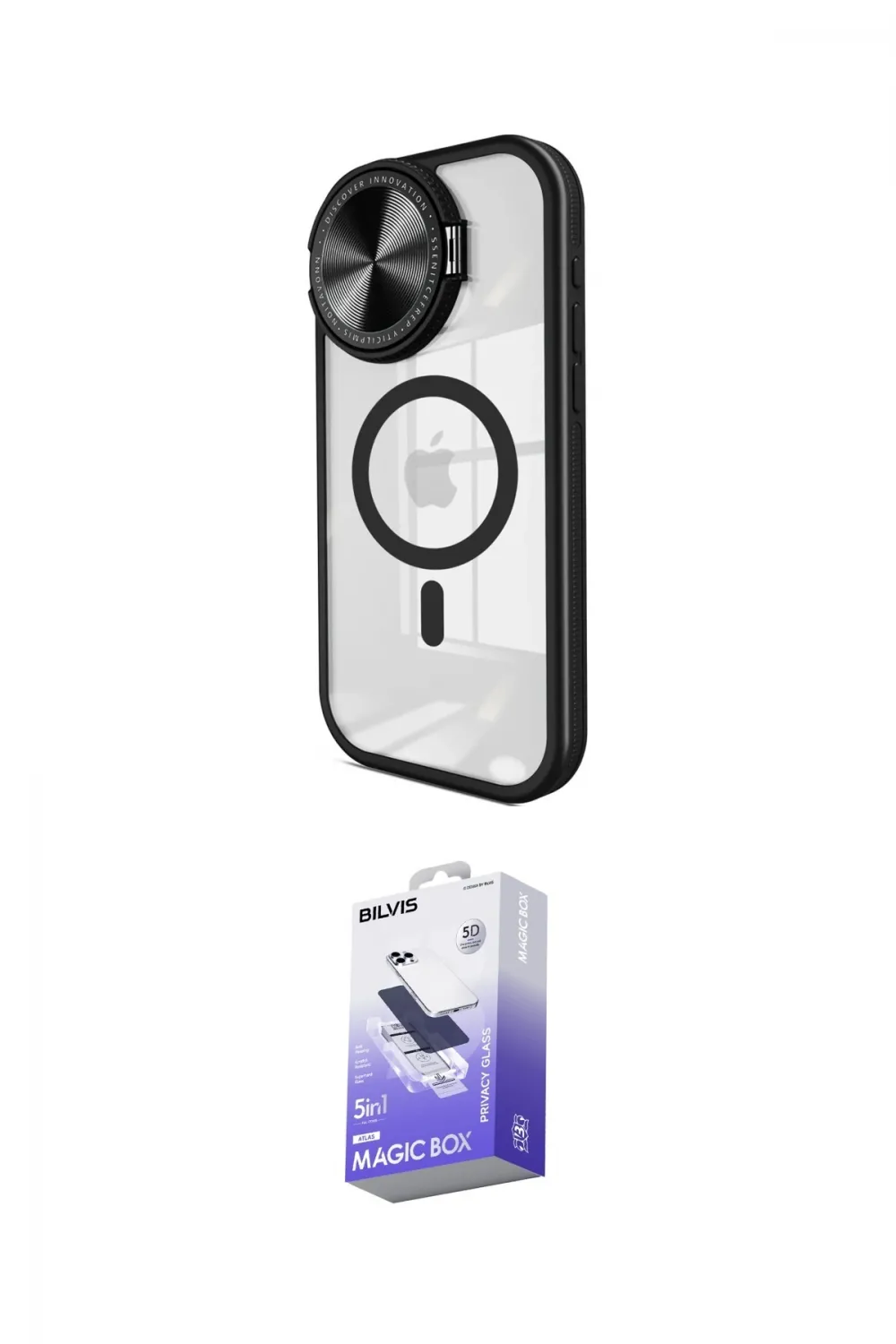 ieg™ iPhone 15 Pro Max Kılıf Kıvılcım Modern Koleksiyonu - Siyah Bilvis 5in1 5D Magic Hayalet Cam Ekran Koruyucu