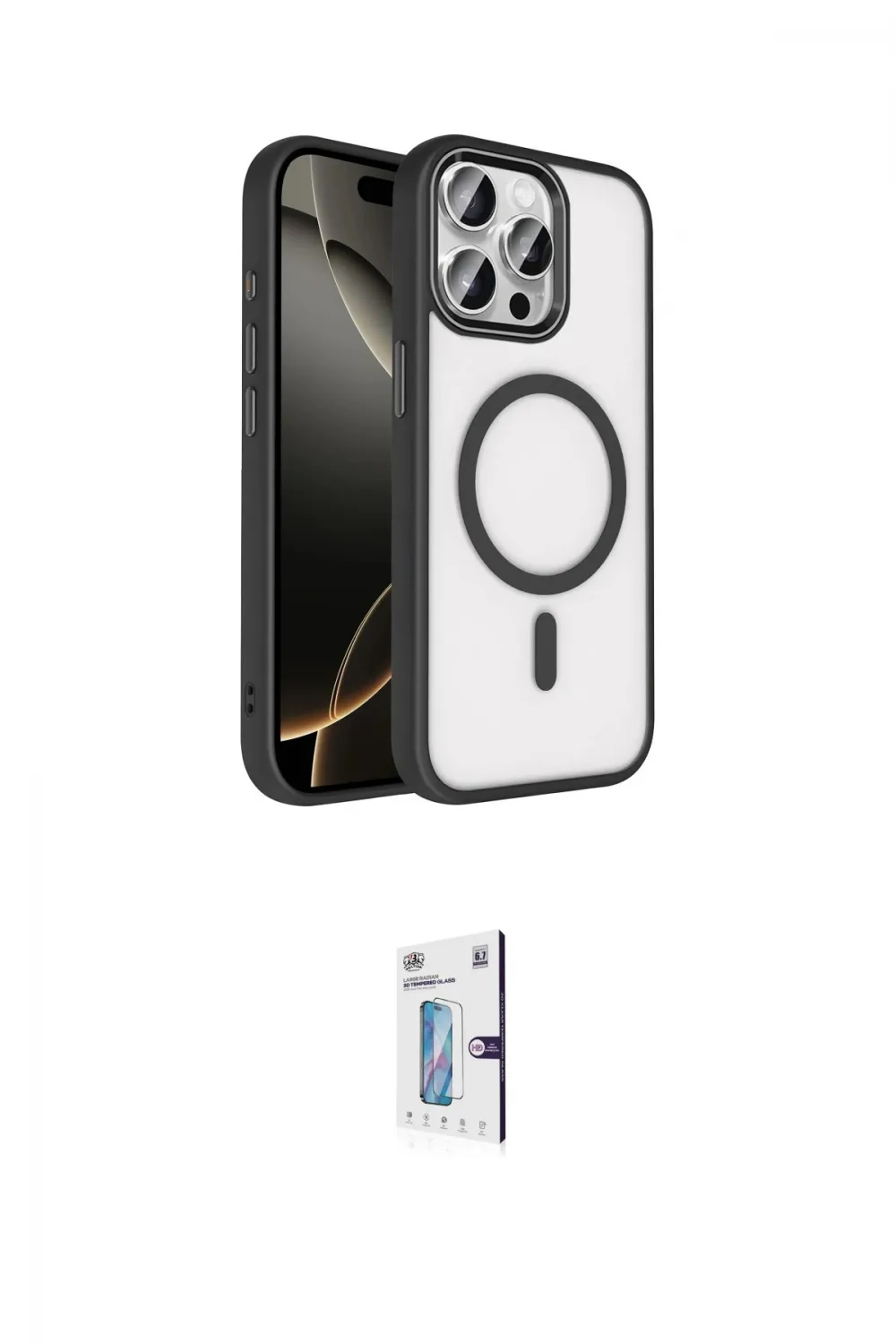 ieg™ iPhone 15 Pro Max Kılıf Kıvılcım Prime - Siyah Bilvis 0.18mm Plus Cam Ekran Koruyucu