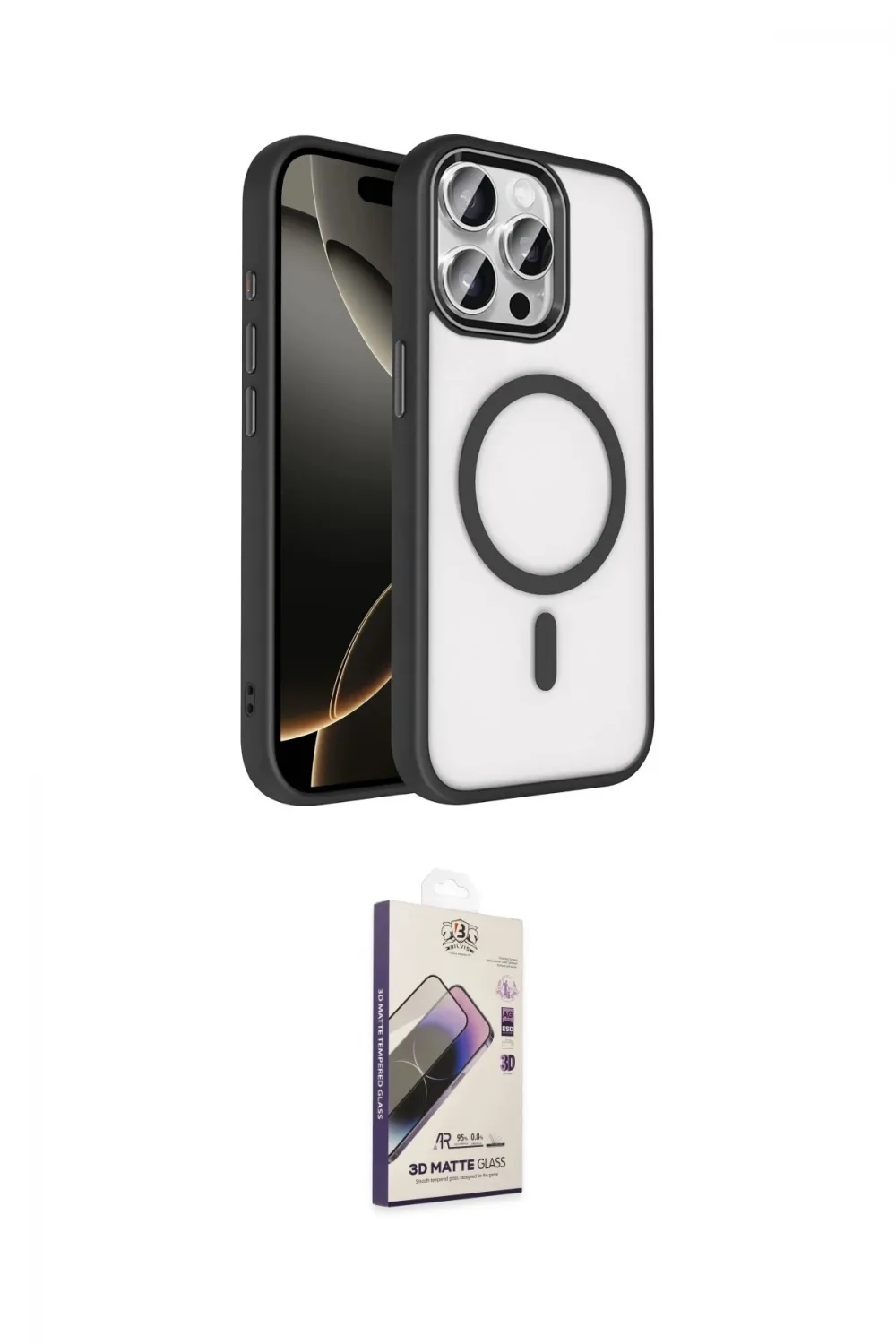 ieg™ iPhone 15 Pro Max Kılıf Kıvılcım Prime - Siyah Bilvis 3D Mat Cam Ekran Koruyucu