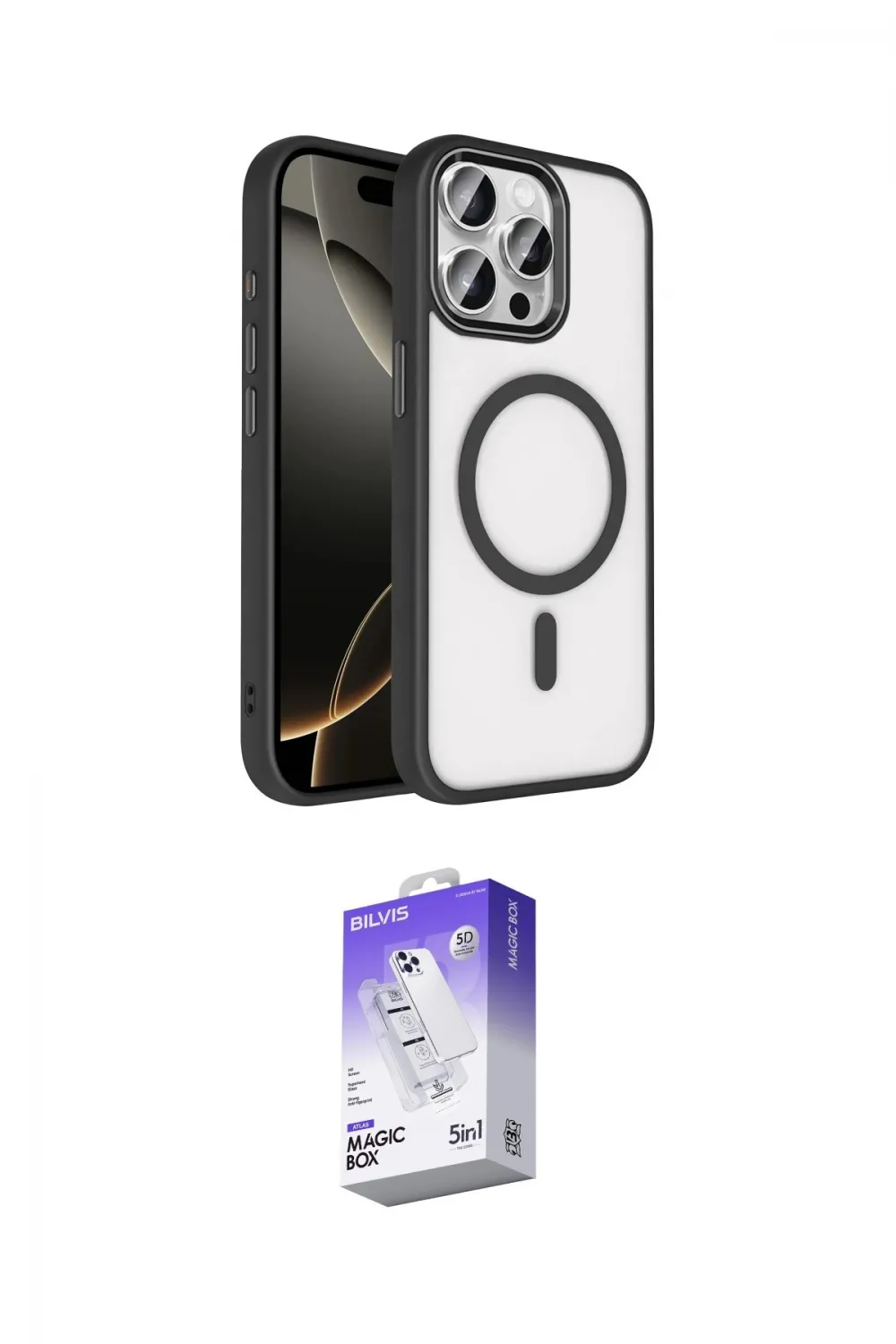 ieg™ iPhone 15 Pro Max Kılıf Kıvılcım Prime - Siyah Bilvis 5in1 3D Magic Cam Ekran Koruyucu