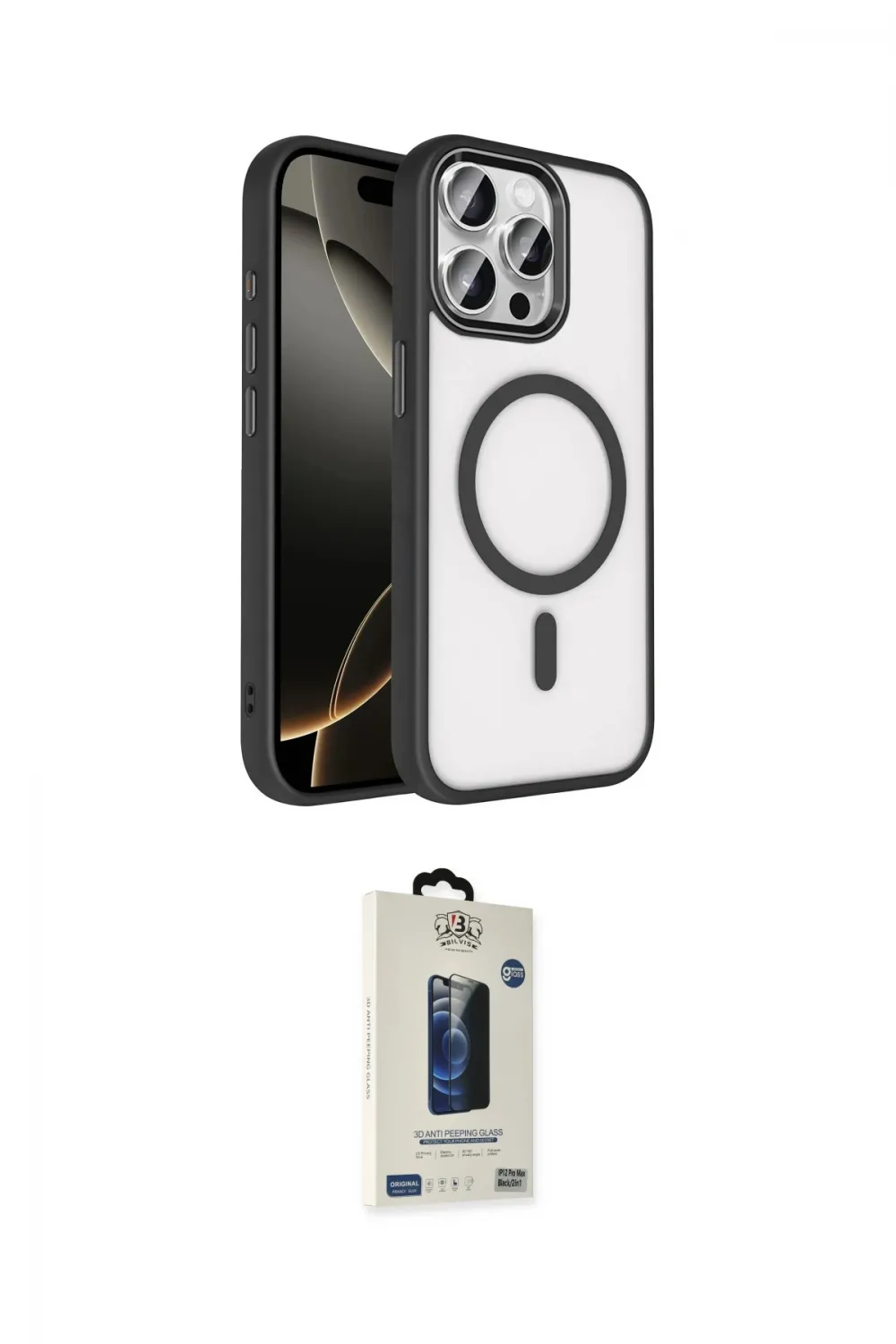 ieg™ iPhone 15 Pro Max Kılıf Kıvılcım Prime - Siyah Bilvis Hayalet Cam Ekran Koruyucu