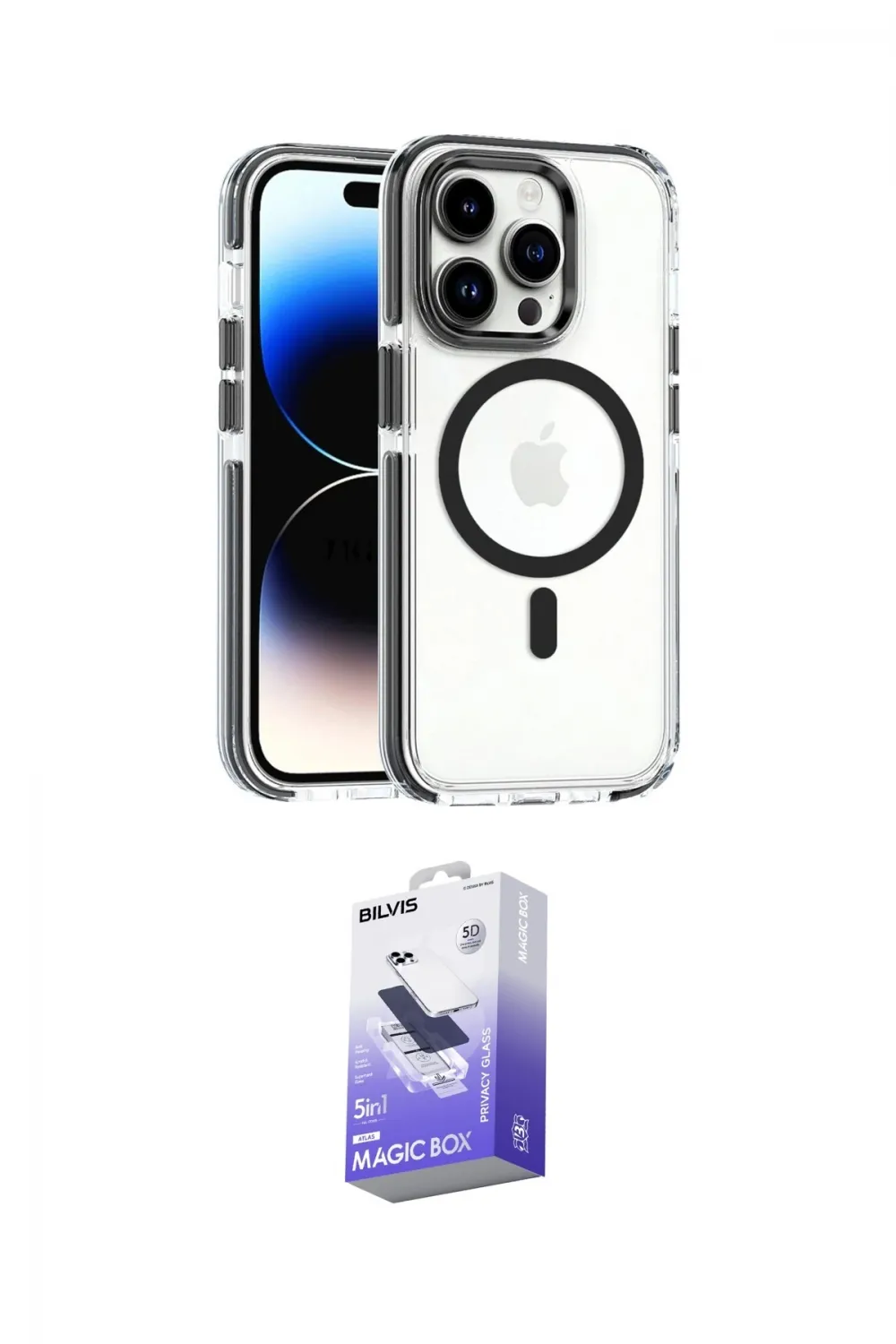 ieg™ iPhone 15 Pro Max Kılıf Kozmos Doku Koleksiyonu - Siyah Bilvis 5in1 5D Magic Hayalet Cam Ekran Koruyucu