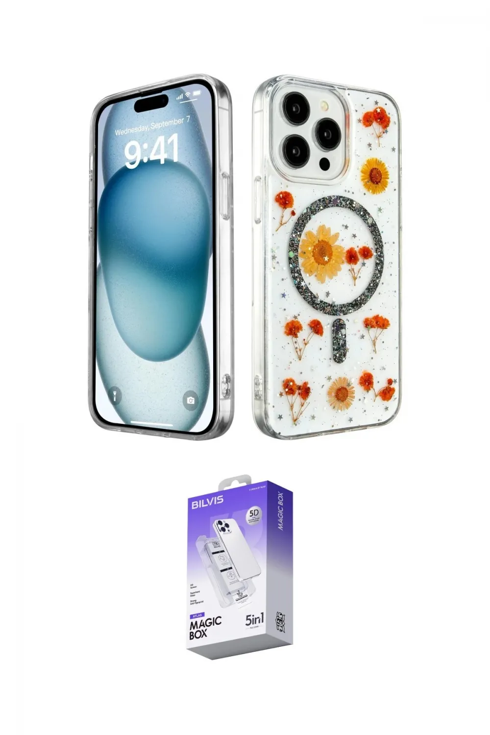 ieg™ iPhone 15 Pro Max Kılıf Kozmos Doku - Siyah Bilvis 5in1 3D Magic Cam Ekran Koruyucu