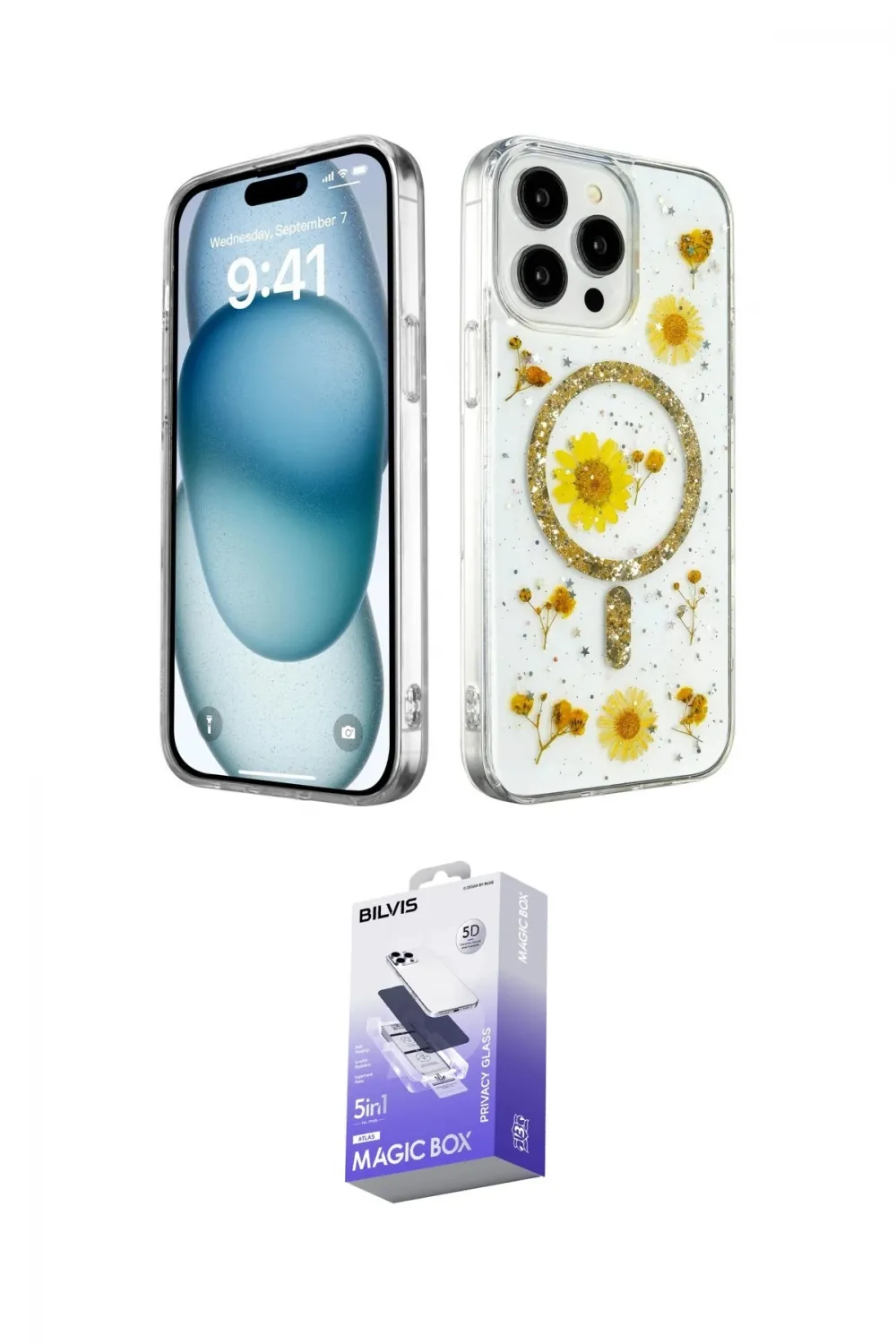 ieg™ iPhone 15 Pro Max Kılıf Kozmos Doku - Siyah Bilvis 5in1 5D Magic Hayalet Cam Ekran Koruyucu