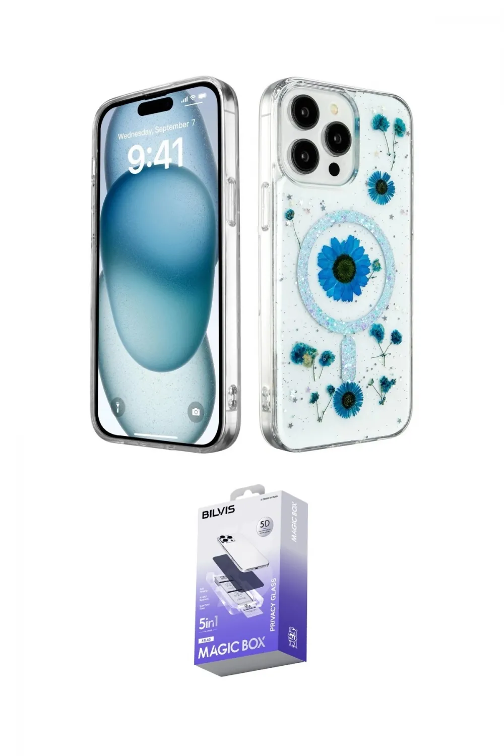 ieg™ iPhone 15 Pro Max Kılıf Kozmos Doku - Siyah Bilvis 5in1 5D Magic Hayalet Cam Ekran Koruyucu