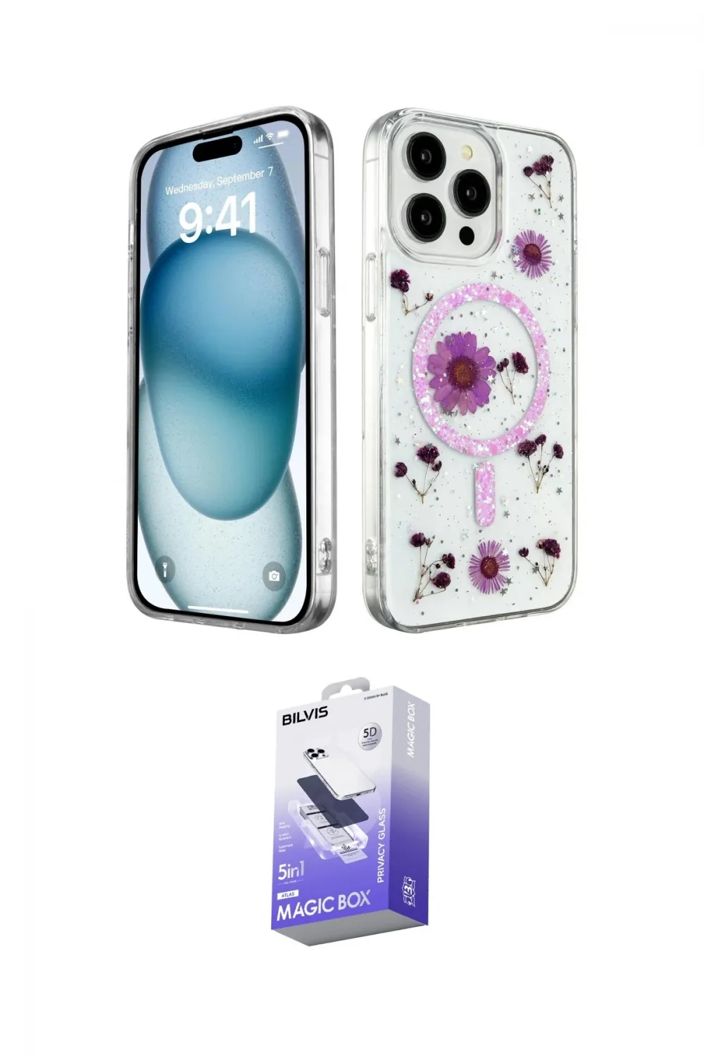 ieg™ iPhone 15 Pro Max Kılıf Kozmos Doku - Siyah Bilvis 5in1 5D Magic Hayalet Cam Ekran Koruyucu