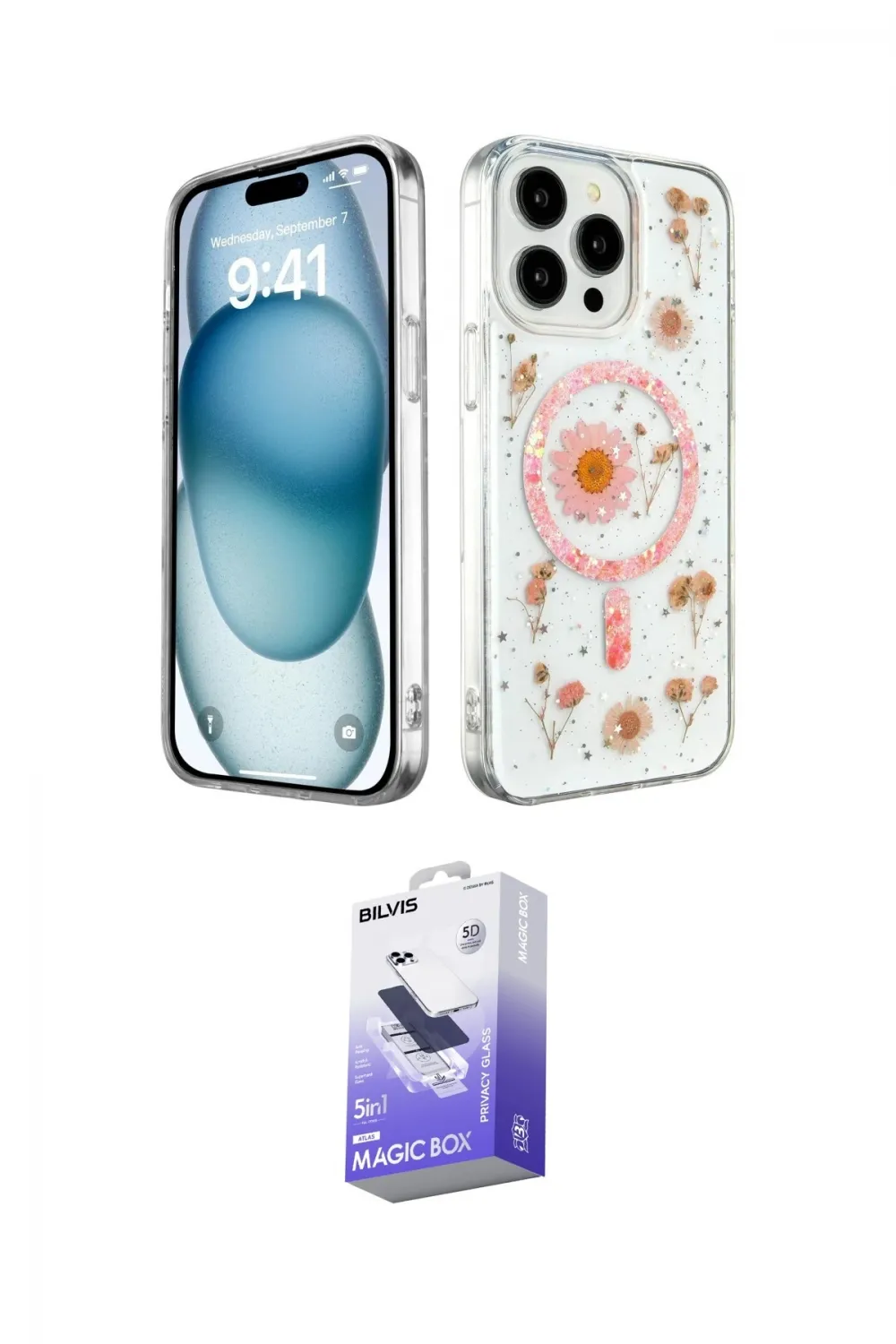 ieg™ iPhone 15 Pro Max Kılıf Kozmos Doku - Siyah Bilvis 5in1 5D Magic Hayalet Cam Ekran Koruyucu
