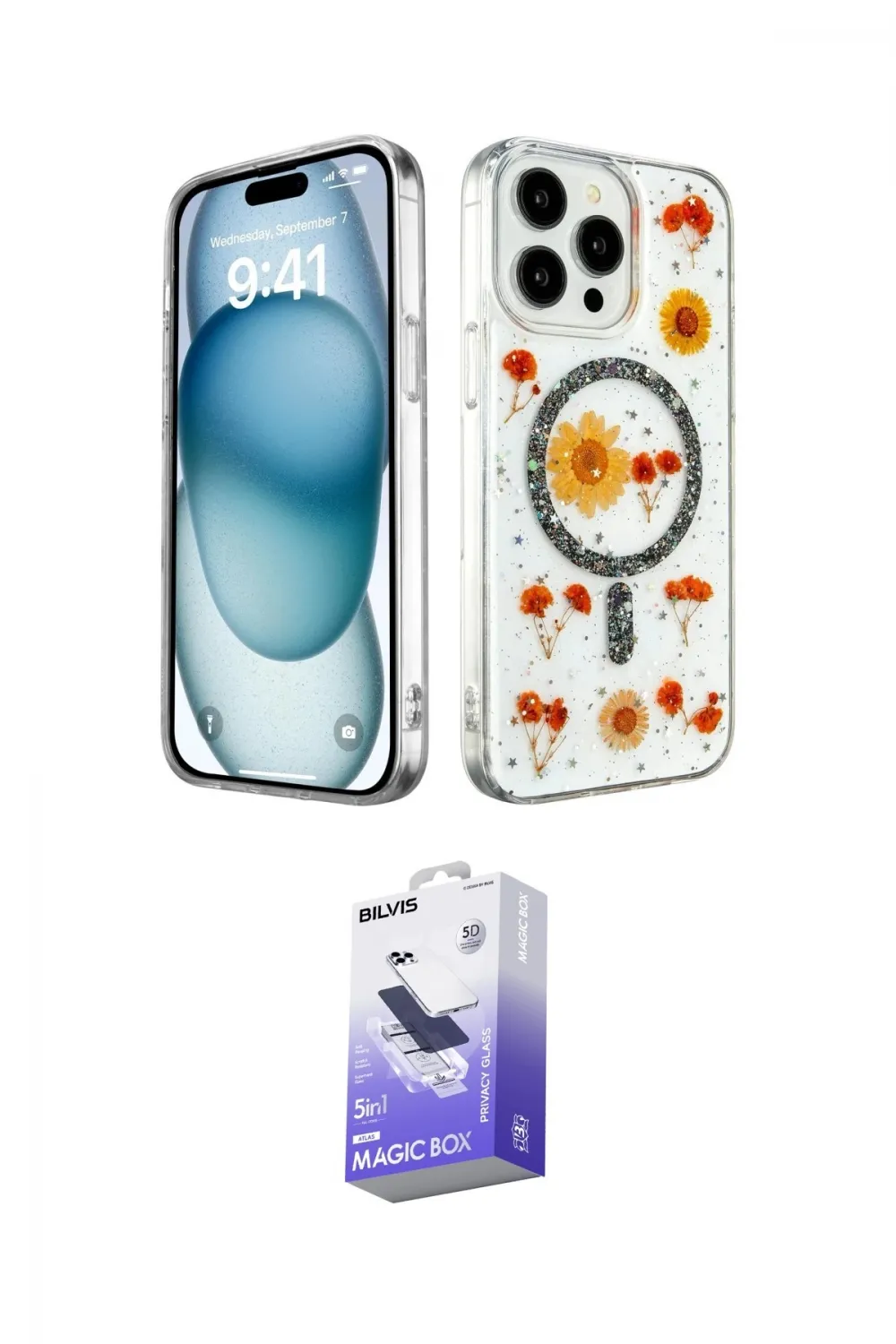 ieg™ iPhone 15 Pro Max Kılıf Kozmos Doku - Siyah Bilvis 5in1 5D Magic Hayalet Cam Ekran Koruyucu