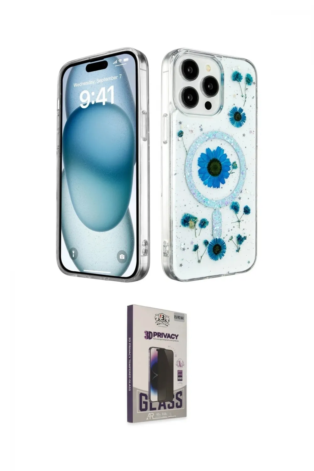 ieg™ iPhone 15 Pro Max Kılıf Kozmos Doku - Siyah Bilvis Hayalet Cam Ekran Koruyucu