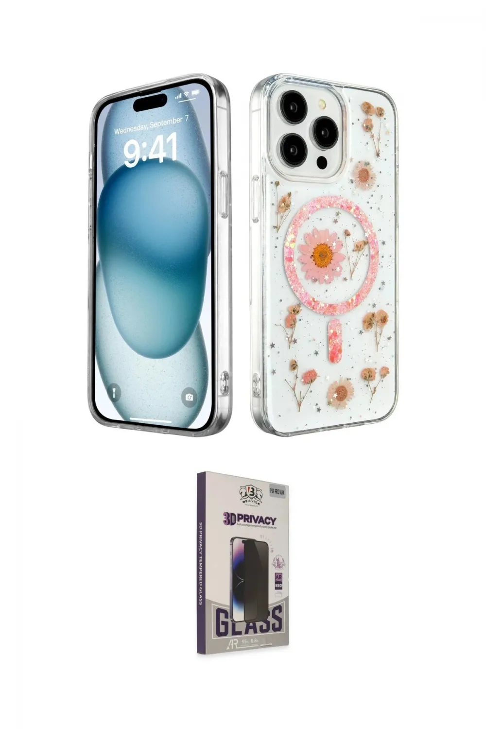 ieg™ iPhone 15 Pro Max Kılıf Kozmos Doku - Siyah Bilvis Hayalet Cam Ekran Koruyucu