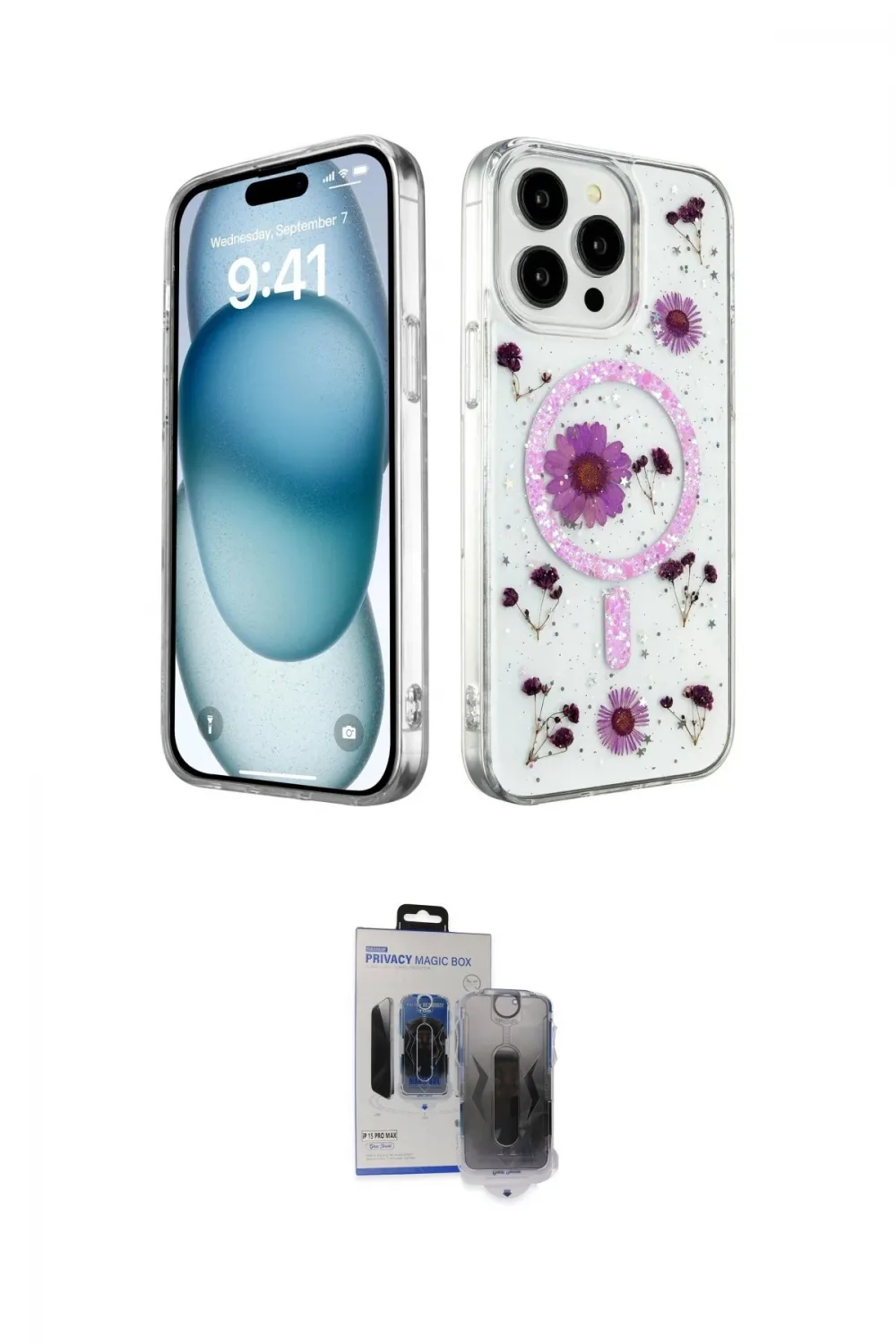 ieg™ iPhone 15 Pro Max Kılıf Kozmos Doku - Siyah Vanessa Magic Hayalet Cam