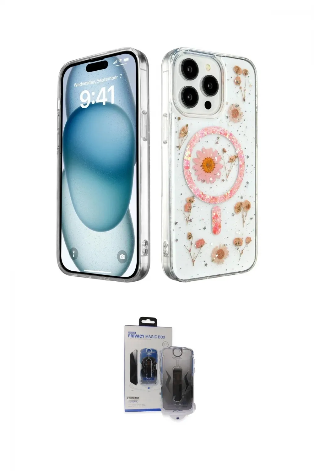 ieg™ iPhone 15 Pro Max Kılıf Kozmos Doku - Siyah Vanessa Magic Hayalet Cam