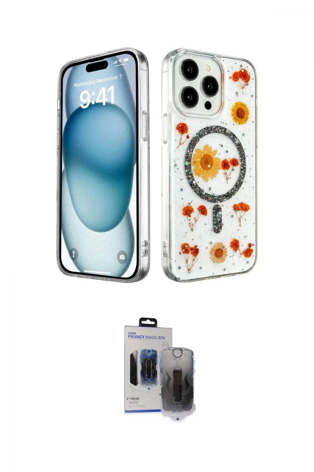 ieg™ iPhone 15 Pro Max Kılıf Kozmos Doku - Siyah Vanessa Magic Hayalet Cam