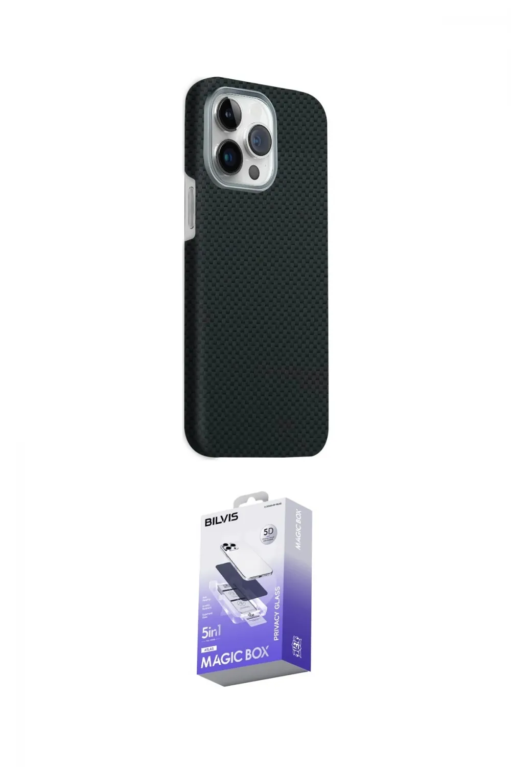 ieg™ iPhone 15 Pro Max Kılıf Kozmos Klasik Prime - Siyah Bilvis 5in1 5D Magic Hayalet Cam Ekran Koruyucu