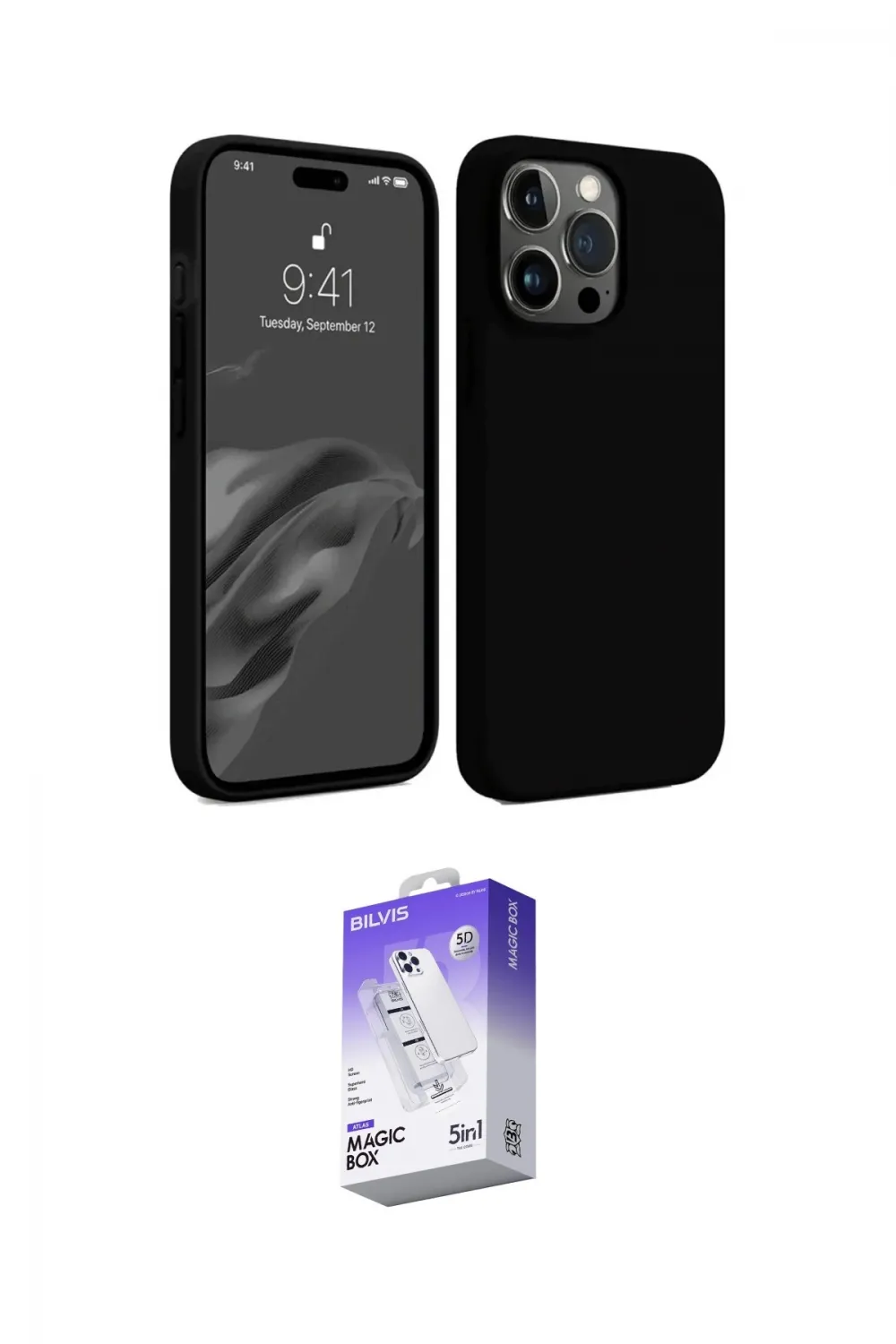 ieg™ iPhone 15 Pro Max Kılıf Kozmos Yansıma Özel Seri - Siyah Bilvis 5in1 3D Magic Cam Ekran Koruyucu