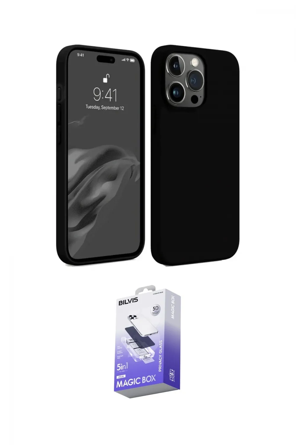 ieg™ iPhone 15 Pro Max Kılıf Kozmos Yansıma Özel Seri - Siyah Bilvis 5in1 5D Magic Hayalet Cam Ekran Koruyucu