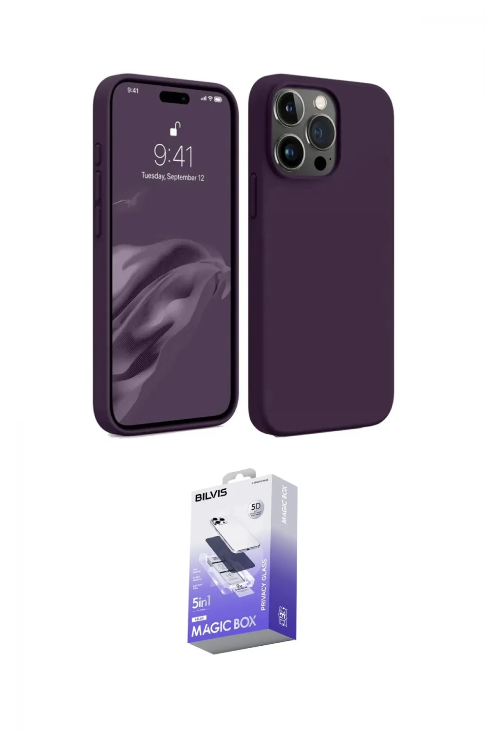 ieg™ iPhone 15 Pro Max Kılıf Kozmos Yansıma Özel Seri - Siyah Bilvis 5in1 5D Magic Hayalet Cam Ekran Koruyucu