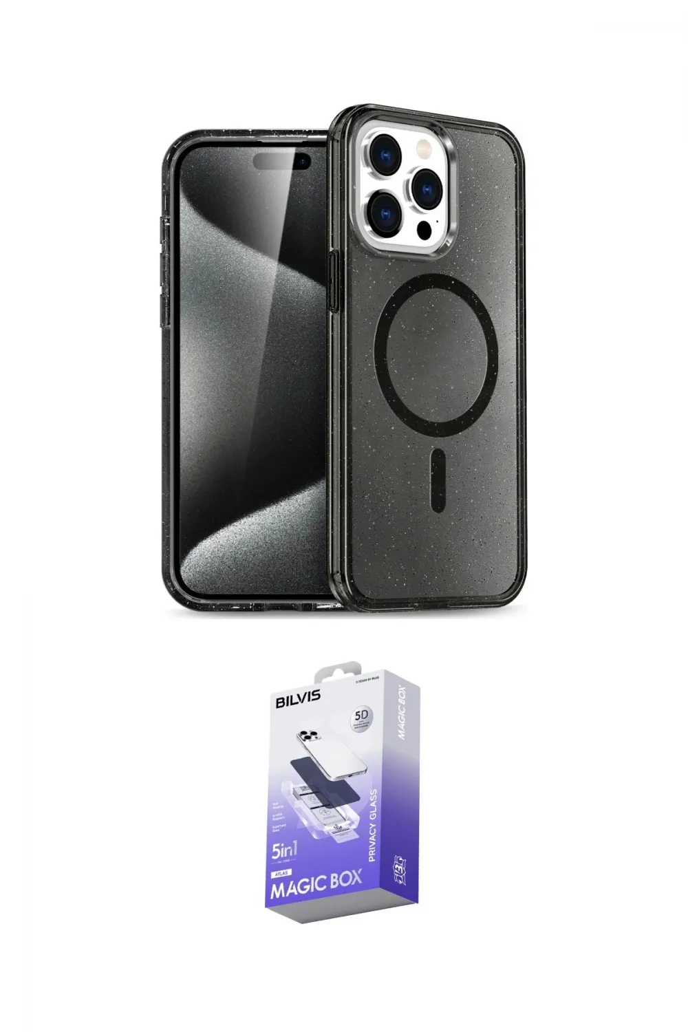 ieg™ iPhone 15 Pro Max Kılıf Nova Asil Prime - Siyah Bilvis 5in1 5D Magic Hayalet Cam Ekran Koruyucu