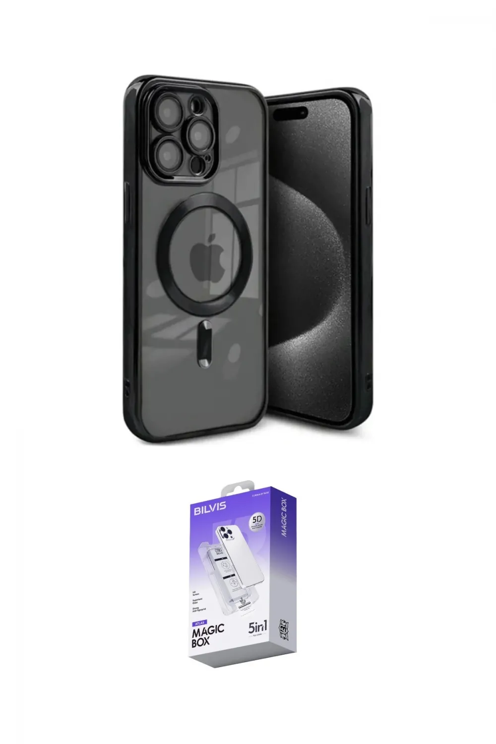 ieg™ iPhone 15 Pro Max Kılıf Nova Işık Özel Seri - Siyah Bilvis 5in1 3D Magic Cam Ekran Koruyucu