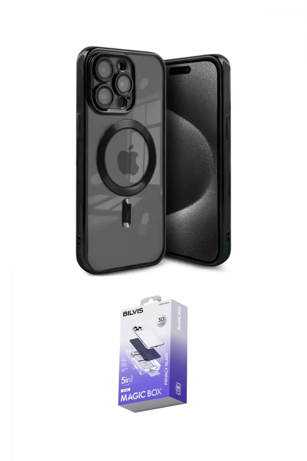 ieg™ iPhone 15 Pro Max Kılıf Nova Işık Özel Seri - Siyah Bilvis 5in1 5D Magic Hayalet Cam Ekran Koruyucu